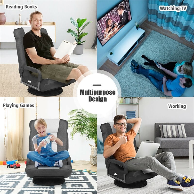 Costway Swivel Gaming Floor Chair with Foldable Adjustable Backrest in Gray