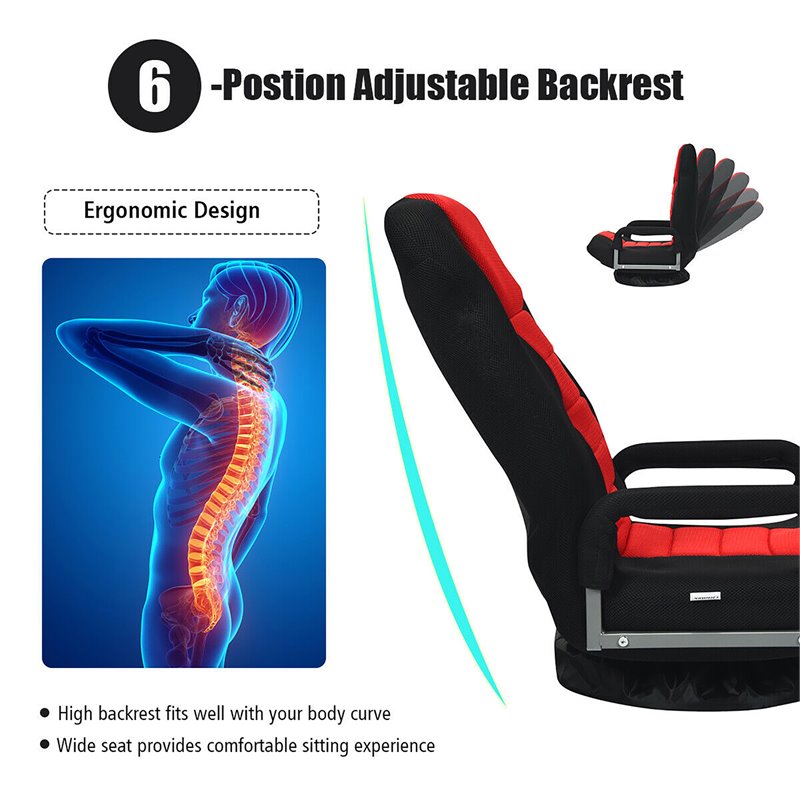 Costway Swivel Gaming Floor Chair with Foldable Adjustable Backrest in Red