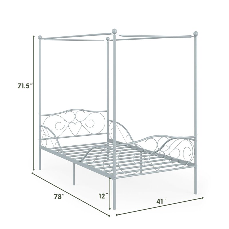 Costway Metal Twin Size Canopy Bed Frame with 4 Poster Steel Slats in Pewter