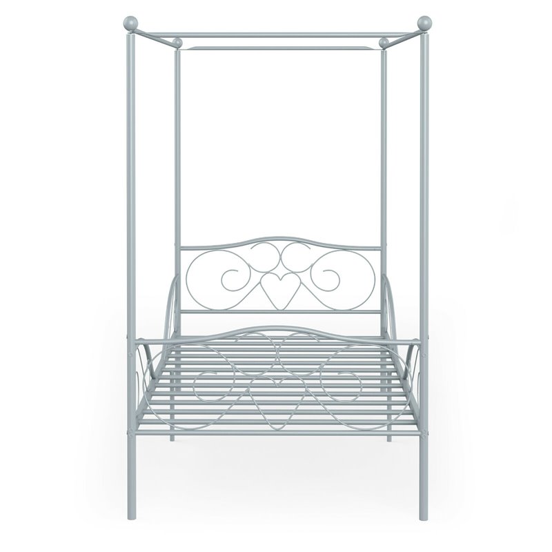 Costway Metal Twin Size Canopy Bed Frame with 4 Poster Steel Slats in Pewter