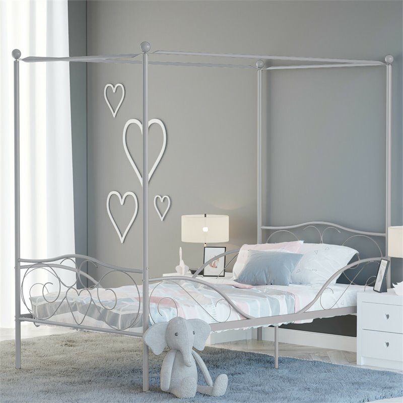 Costway Metal Twin Size Canopy Bed Frame with 4 Poster Steel Slats in Pewter