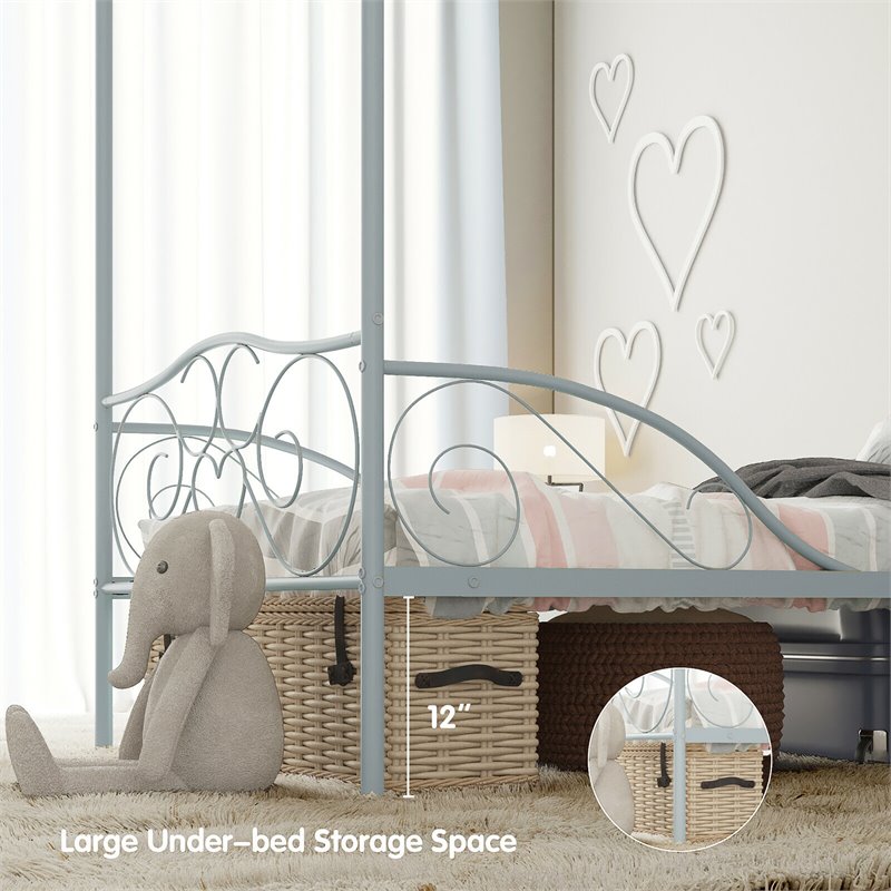 Costway Metal Twin Size Canopy Bed Frame with 4 Poster Steel Slats in Pewter