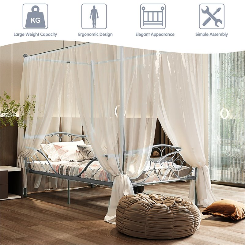 Costway Metal Twin Size Canopy Bed Frame with 4 Poster Steel Slats in Pewter