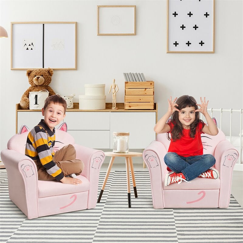 Costway Contemporary Eucalyptus and Velvet Cat Kids Sofa in Pink
