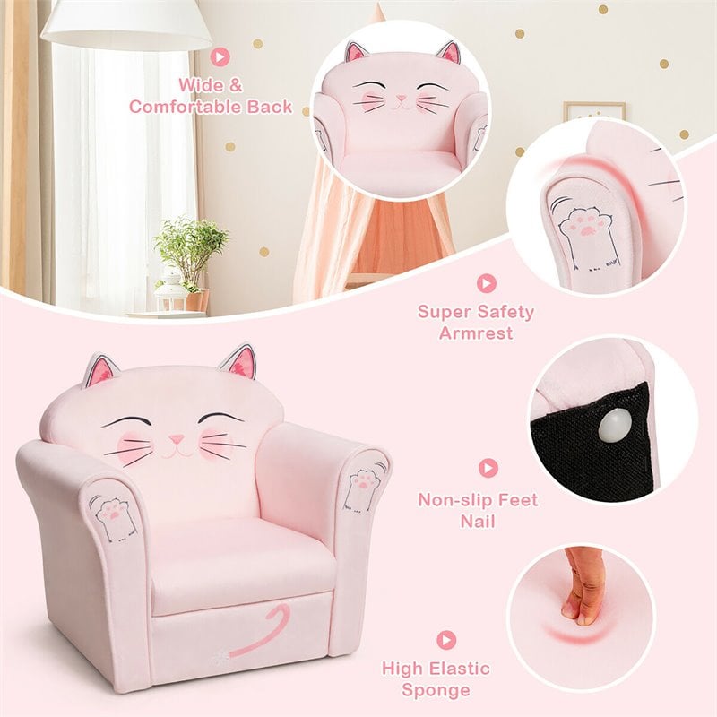 Costway Contemporary Eucalyptus and Velvet Cat Kids Sofa in Pink