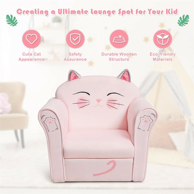 Costway Contemporary Eucalyptus and Velvet Cat Kids Sofa in Pink