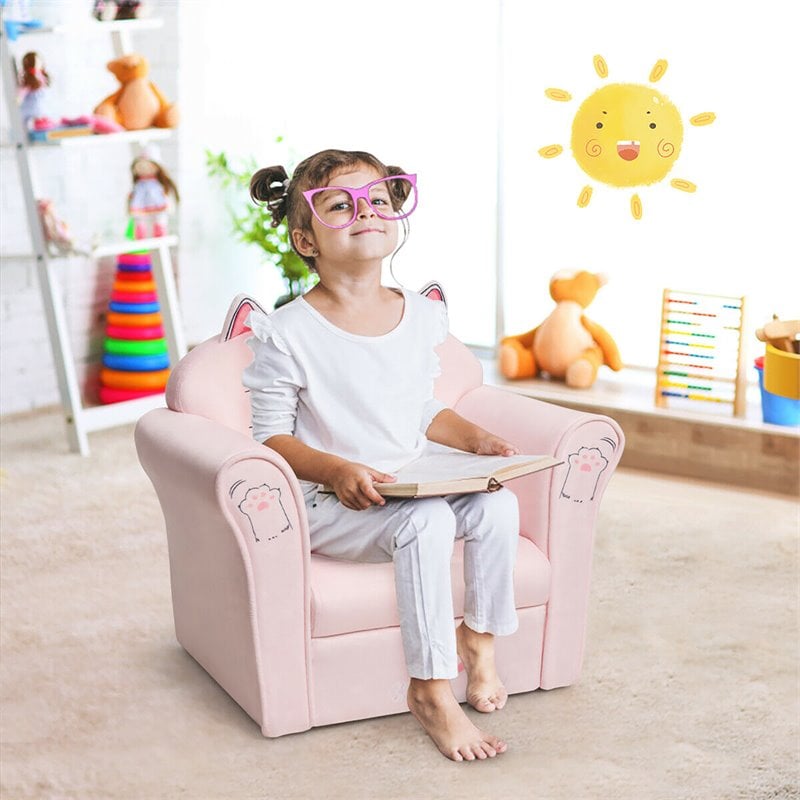 Costway Contemporary Eucalyptus and Velvet Cat Kids Sofa in Pink