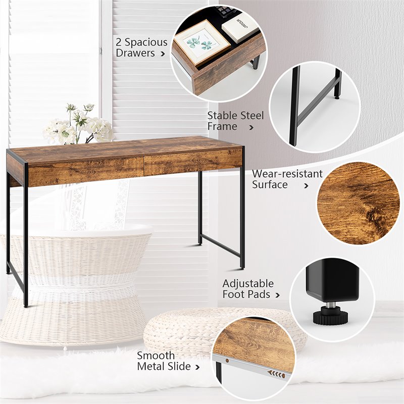 Costway 2-drawer Contemporary Engineered Wood Computer Desk in Antique Brown