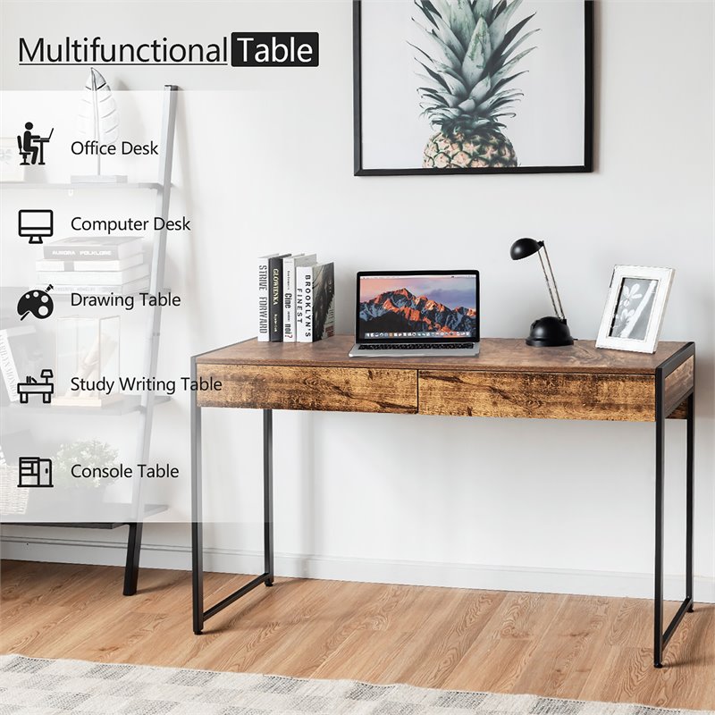 Costway 2-drawer Contemporary Engineered Wood Computer Desk in Antique Brown