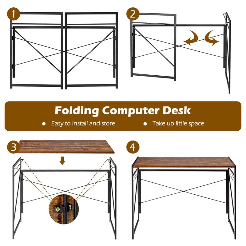 Costway Engineered Wood Folding Computer Desk with 6 Hooks in Rustic Brown