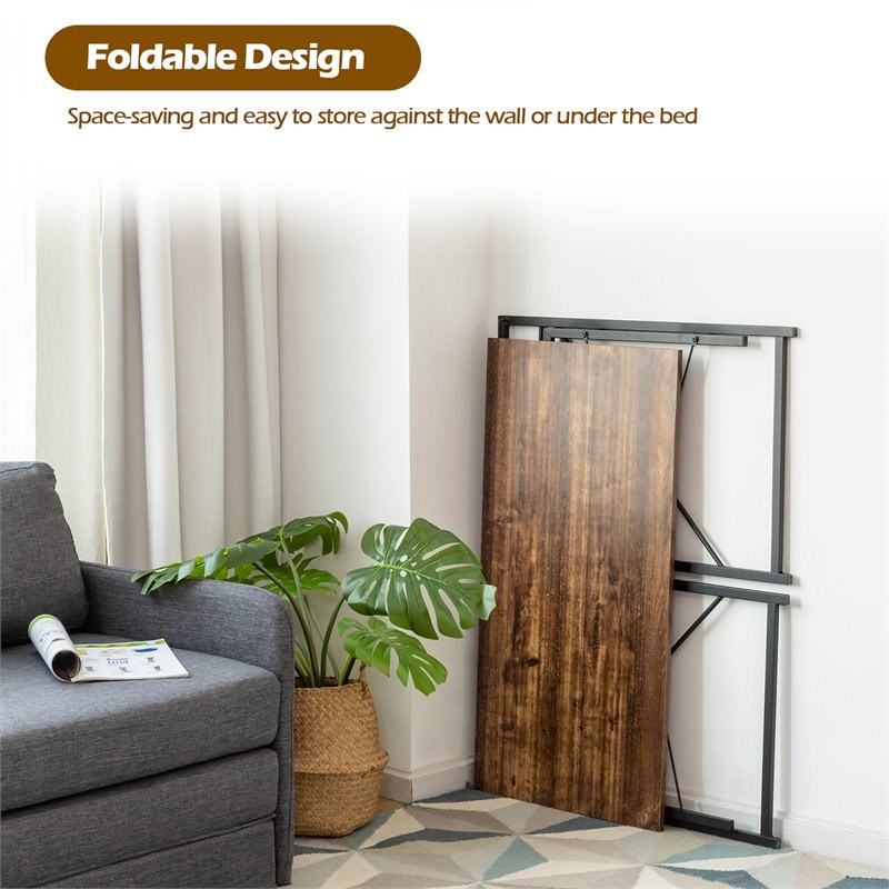 Costway Engineered Wood Folding Computer Desk with 6 Hooks in Rustic Brown