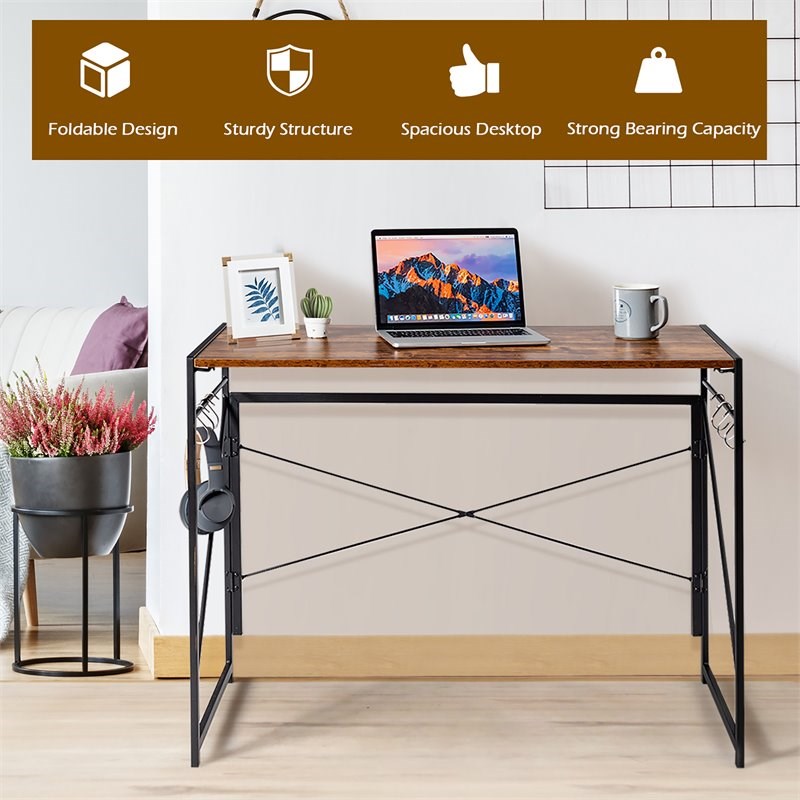 Costway Engineered Wood Folding Computer Desk with 6 Hooks in Rustic Brown