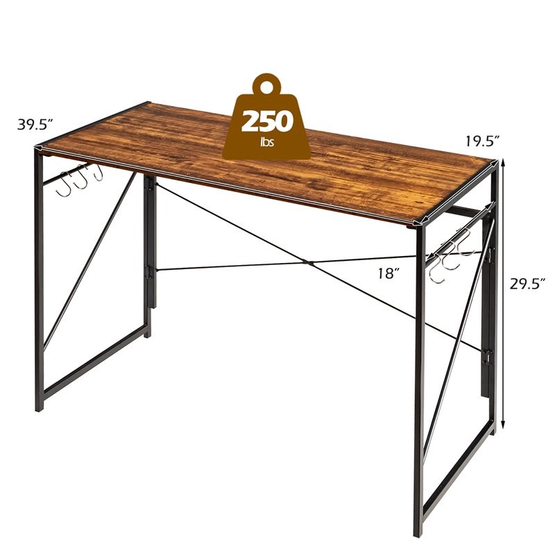 Costway Engineered Wood Folding Computer Desk with 6 Hooks in Rustic Brown