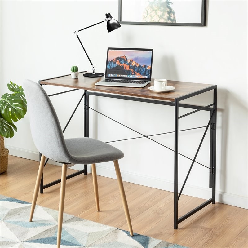 Costway Engineered Wood Folding Computer Desk with 6 Hooks in Rustic Brown