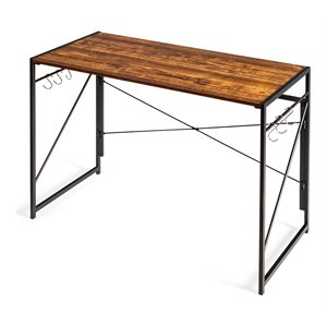 Costway Engineered Wood Folding Computer Desk with 6 Hooks in Rustic Brown