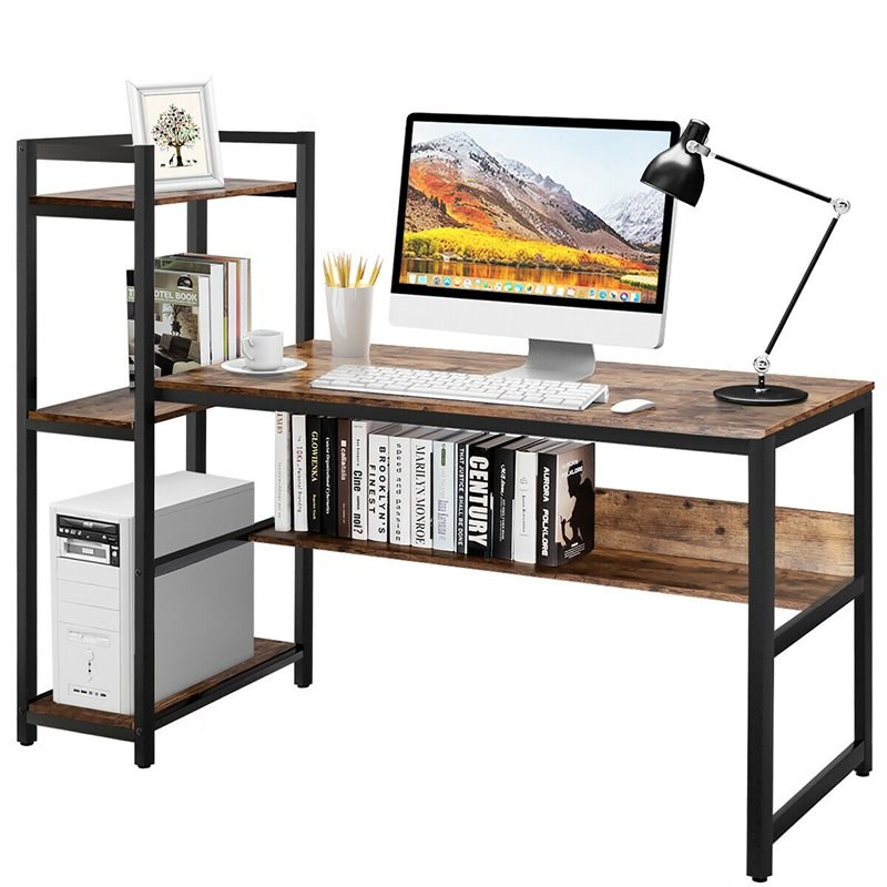 Costway Wood Multifunctional Computer Desk with 4-tier Storage shelves in Brown