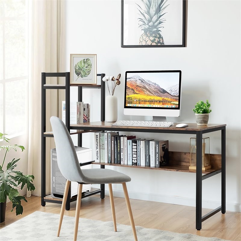 Costway Wood Multifunctional Computer Desk with 4-tier Storage shelves in Brown
