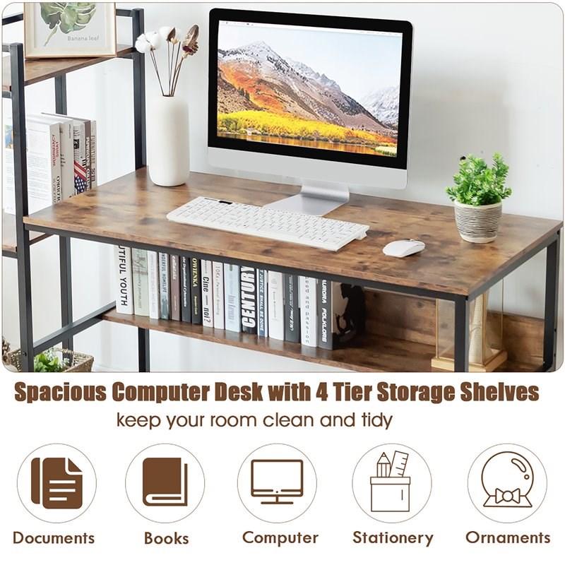 Costway Wood Multifunctional Computer Desk with 4-tier Storage shelves in Brown