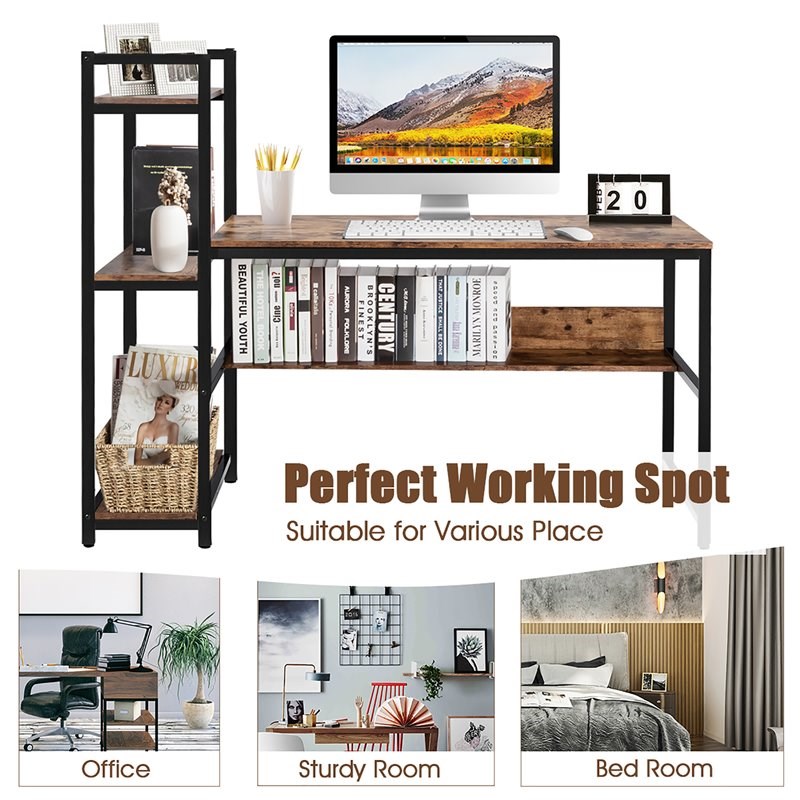 Costway Wood Multifunctional Computer Desk with 4-tier Storage shelves in Brown