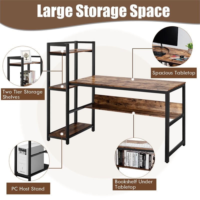 Costway Wood Multifunctional Computer Desk with 4-tier Storage shelves in Brown