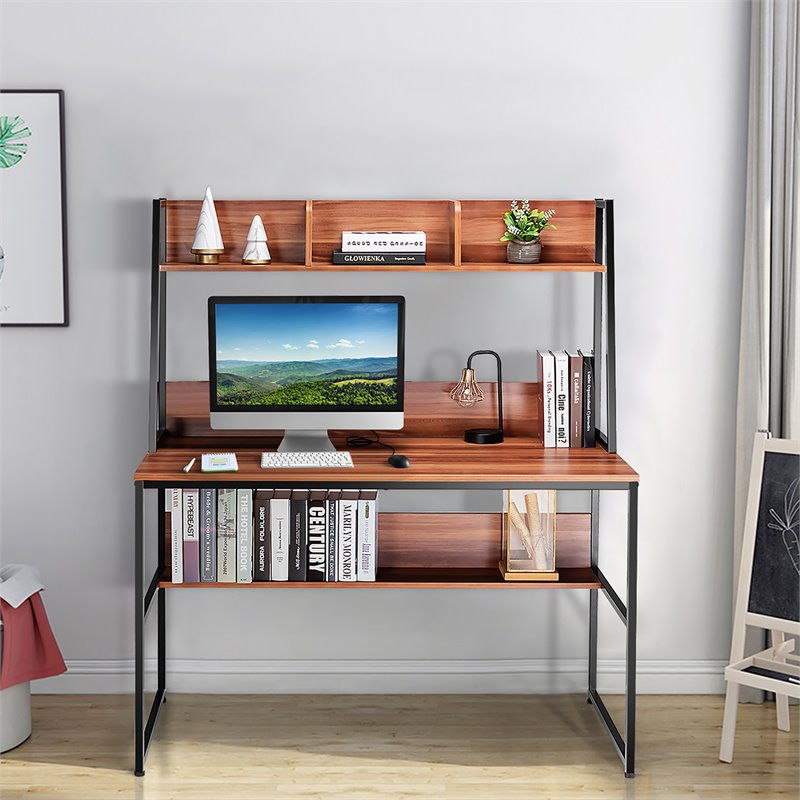 Costway 47'' Wood Computer Desk with 3 Storage Cubes & Open Bookcase in Coffee
