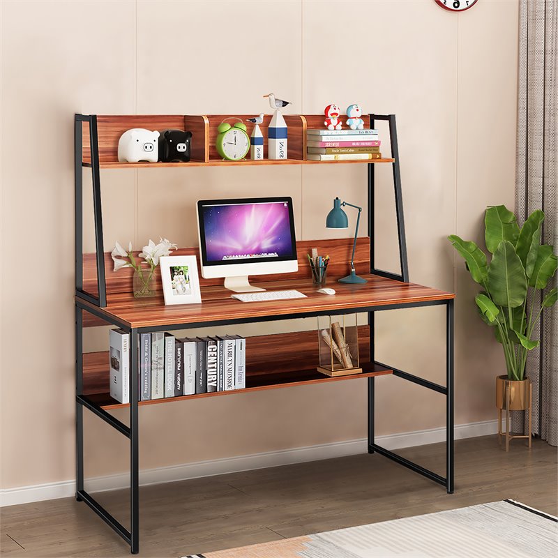 Costway 47'' Wood Computer Desk with 3 Storage Cubes & Open Bookcase in Coffee