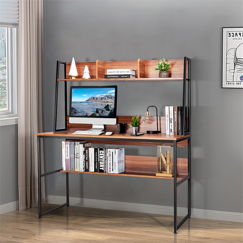 Costway 47'' Wood Computer Desk with 3 Storage Cubes & Open Bookcase in Coffee