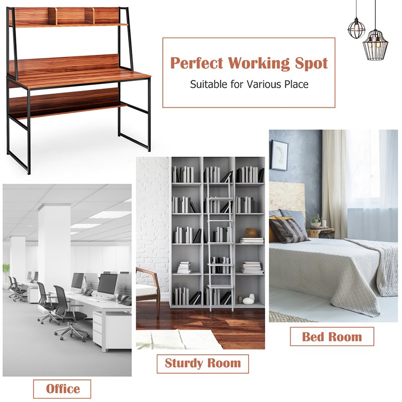 Costway 47'' Wood Computer Desk with 3 Storage Cubes & Open Bookcase in Coffee