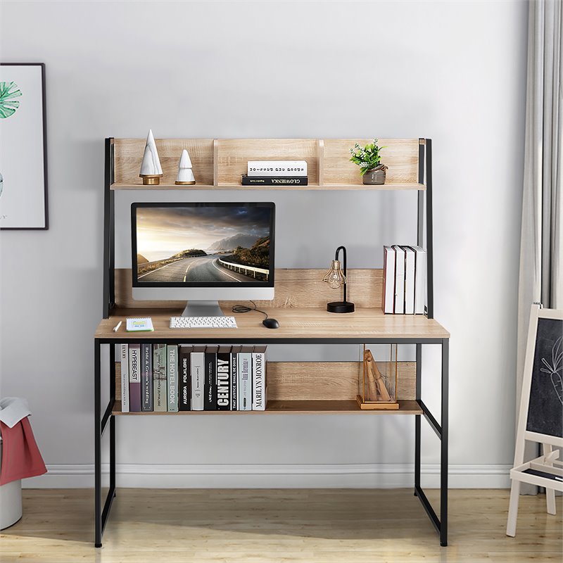 Costway 47'' Wood Computer Desk with 3 Storage Cubes & Open Bookcase in Natural