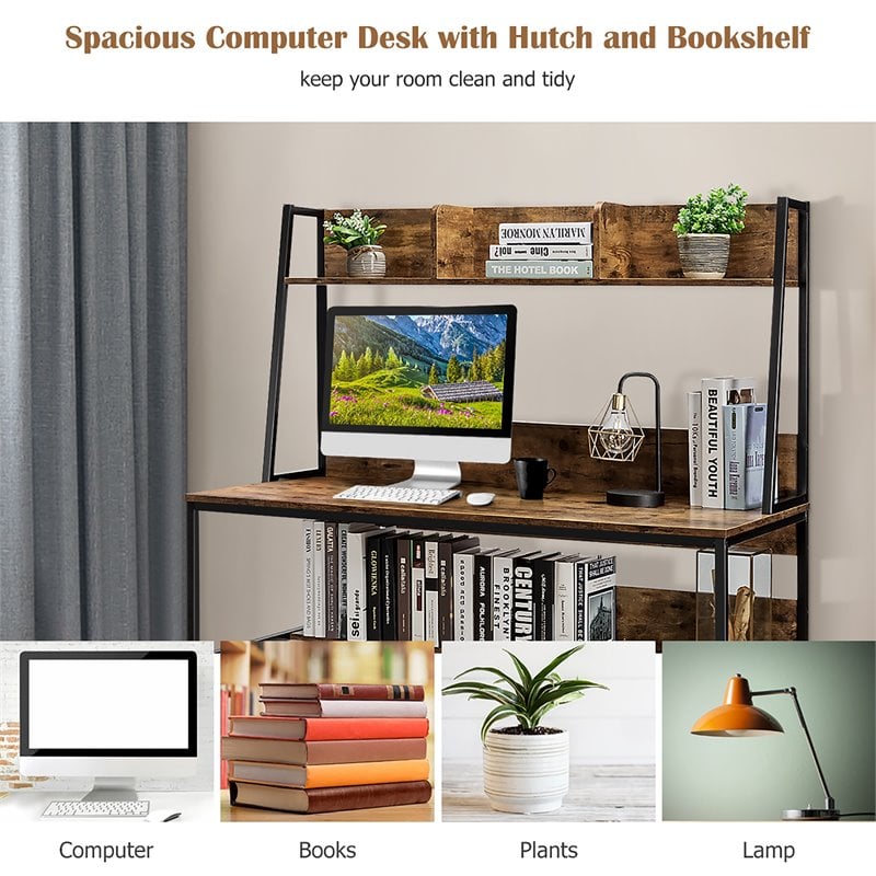Costway 47'' Wood Computer Desk with 3 Storage Cubes & Open Bookcase in Brown