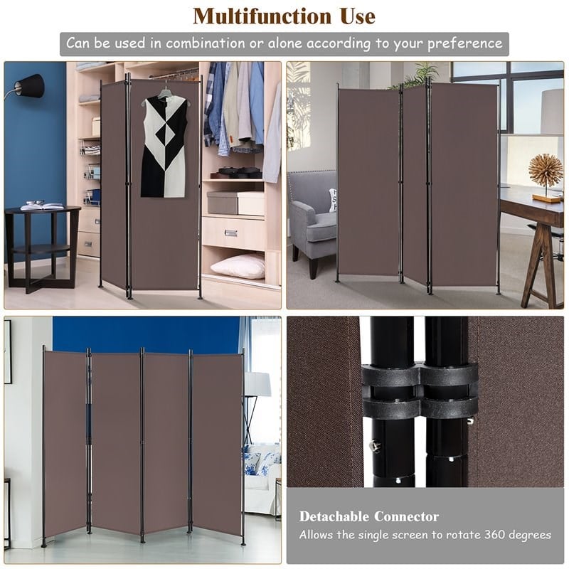 Costway 4-panel Fabric and Steel Folding Room Divider with Steel Frame in Brown
