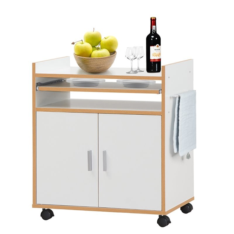 Costway Wood Kitchen Trolley Microwave Cart with Removable Shelf in White