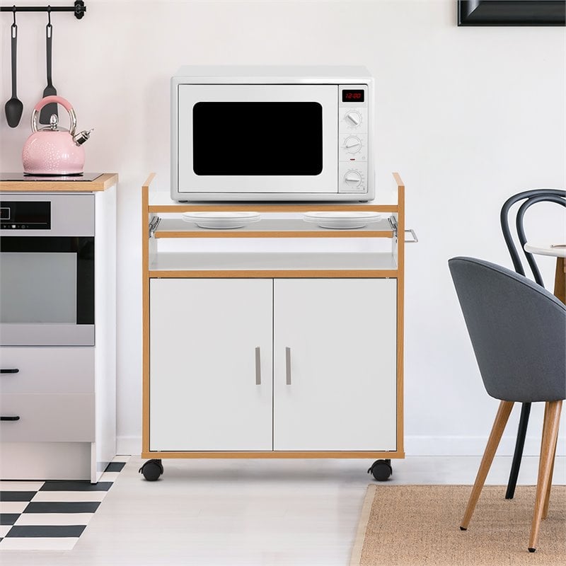 Costway Wood Kitchen Trolley Microwave Cart with Removable Shelf in White