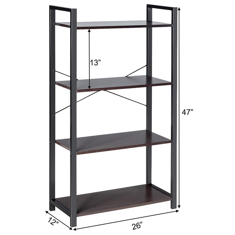 Costway 4-tier Contemporary Particle Board and Iron Bookshelf in Rustic Black