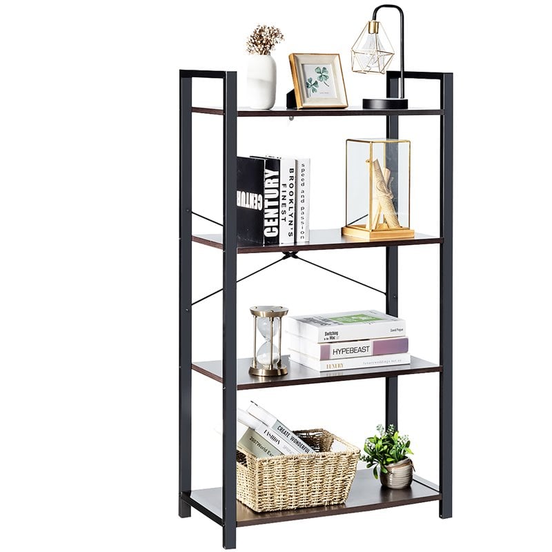 Costway 4-tier Contemporary Particle Board and Iron Bookshelf in Rustic Black