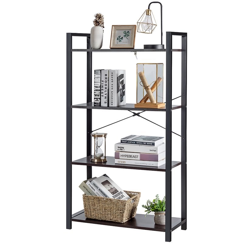 Costway 4-tier Contemporary Particle Board and Iron Bookshelf in Rustic Black