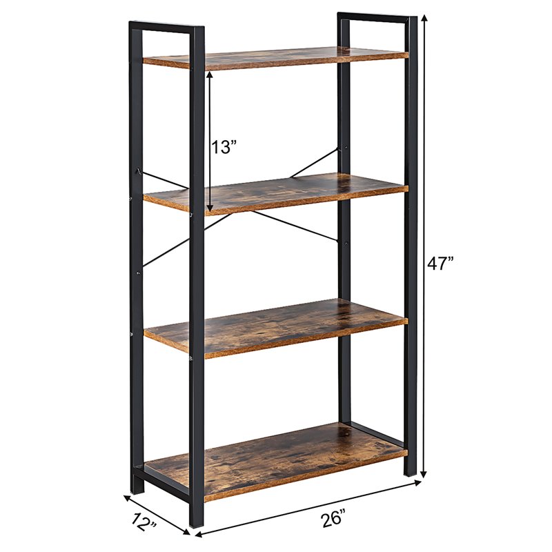 Costway 4-tier Contemporary Particle Board and Iron Bookshelf in Rustic Brown