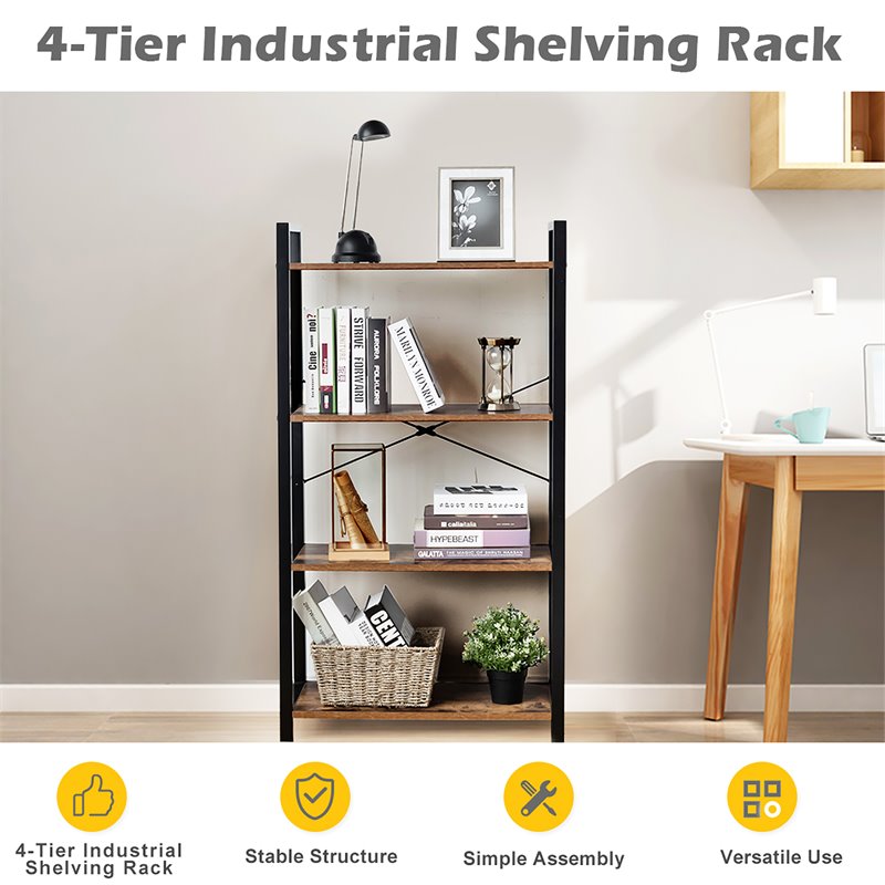 Costway 4-tier Contemporary Particle Board and Iron Bookshelf in Rustic Brown