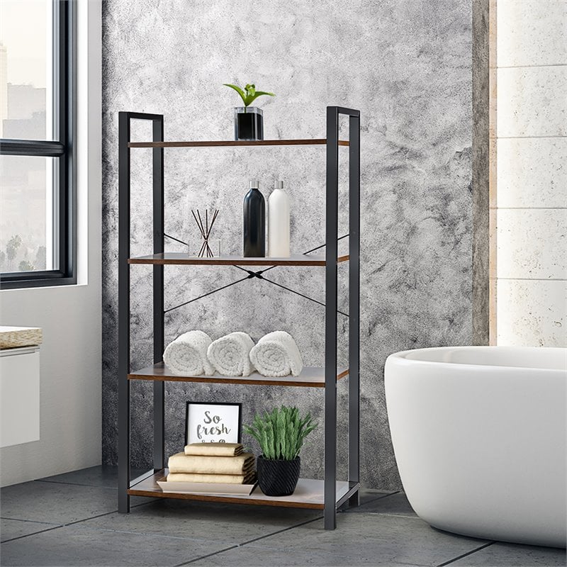 Costway 4-tier Contemporary Particle Board and Iron Bookshelf in Rustic Brown