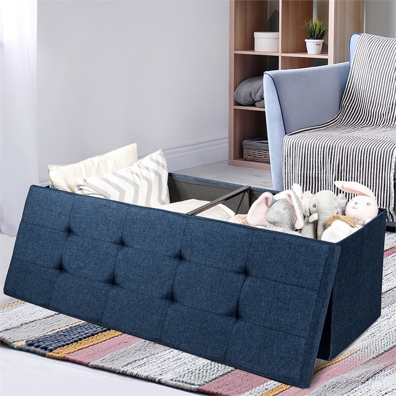 Costway Fabric and MDF Folding Storage Bench with Metal Divider in Navy