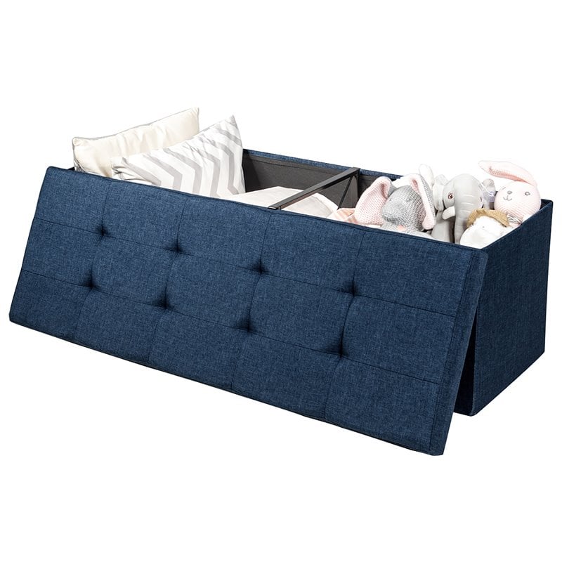 Costway Fabric and MDF Folding Storage Bench with Metal Divider in Navy