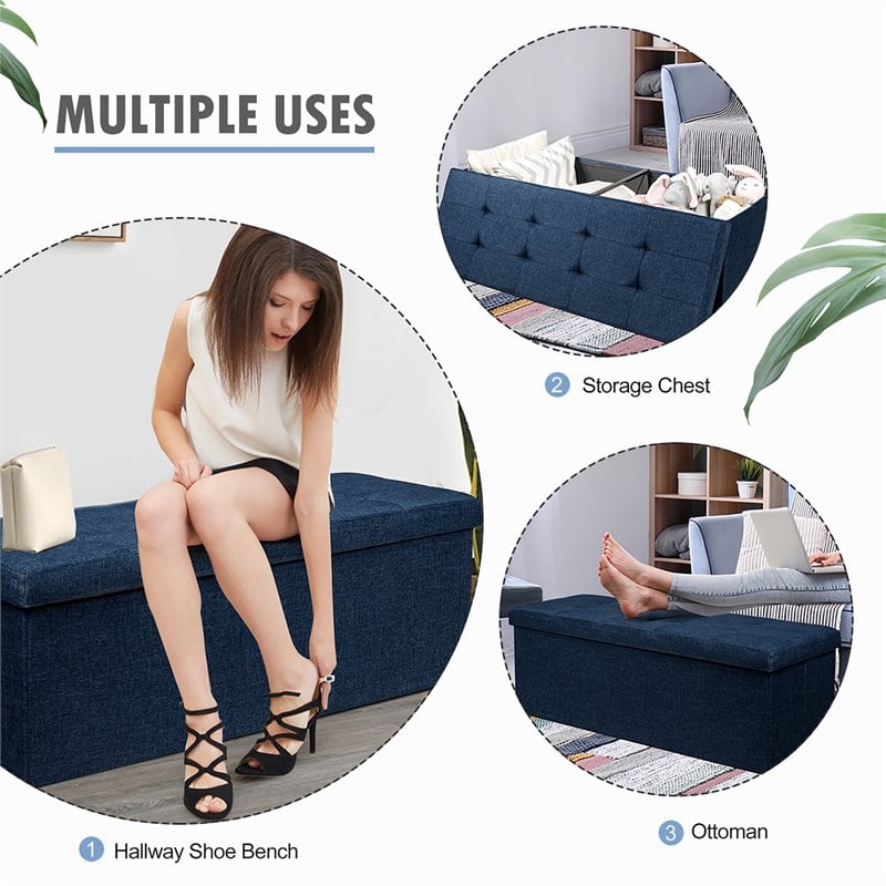 Costway Fabric and MDF Folding Storage Bench with Metal Divider in Navy