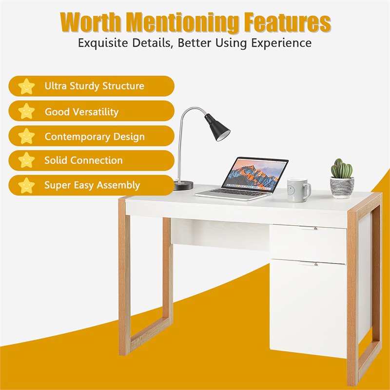 Costway Contemporary Engineered Wood Computer Desk with Drawers in Natural