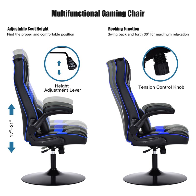 Costway PVC and Sponge Adjustable Height Swivel Rocking Gaming Chair in Blue