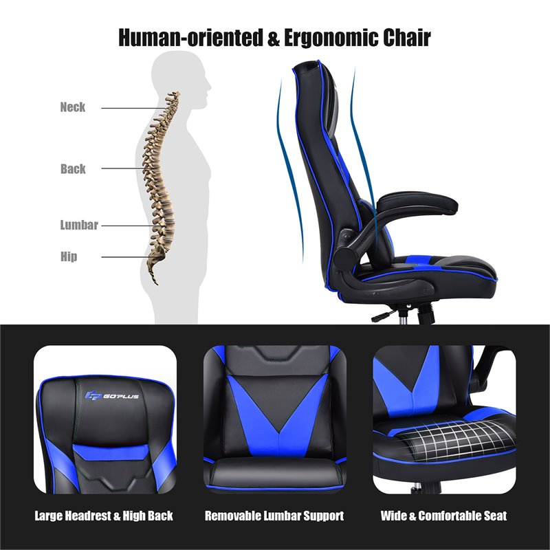 Costway PVC and Sponge Adjustable Height Swivel Rocking Gaming Chair in Blue