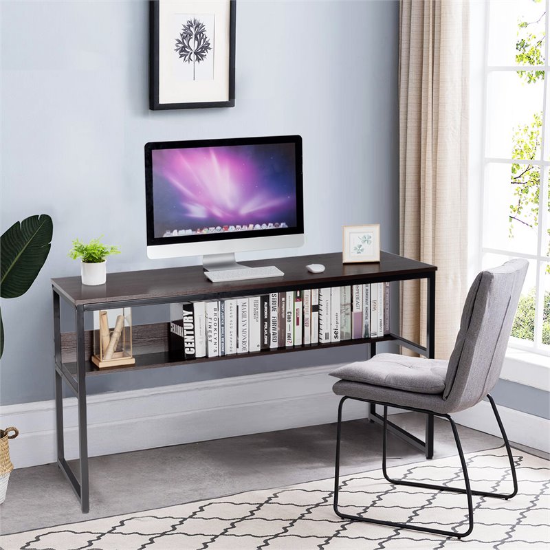 Costway 55'' Engineered Wood Computer Desk with Storage Shelf in Coffee