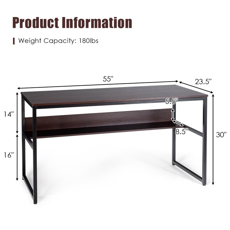 Costway 55'' Engineered Wood Computer Desk with Storage Shelf in Coffee