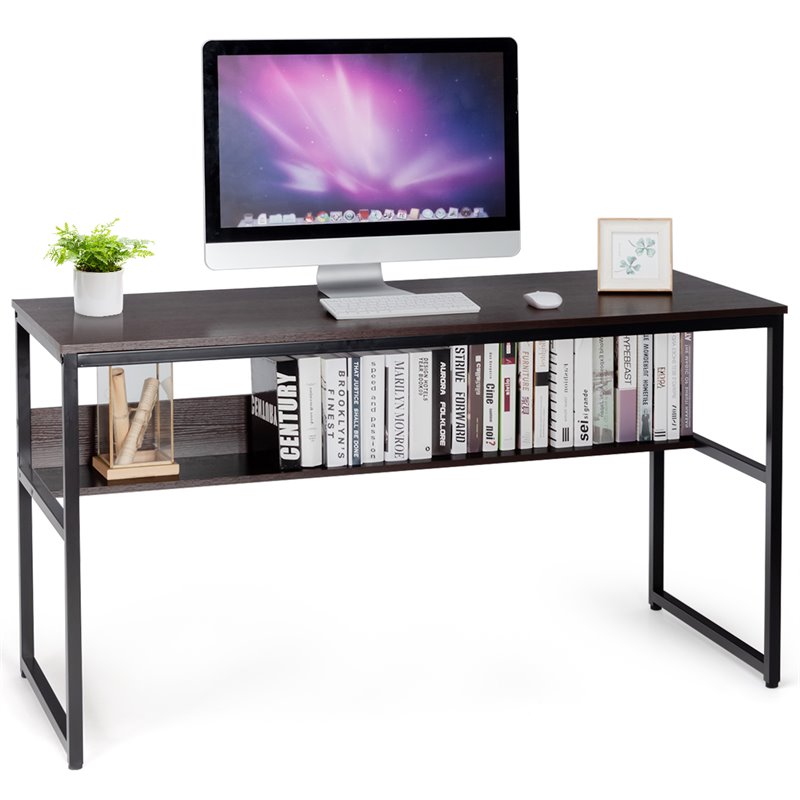 Costway 55'' Engineered Wood Computer Desk with Storage Shelf in Coffee