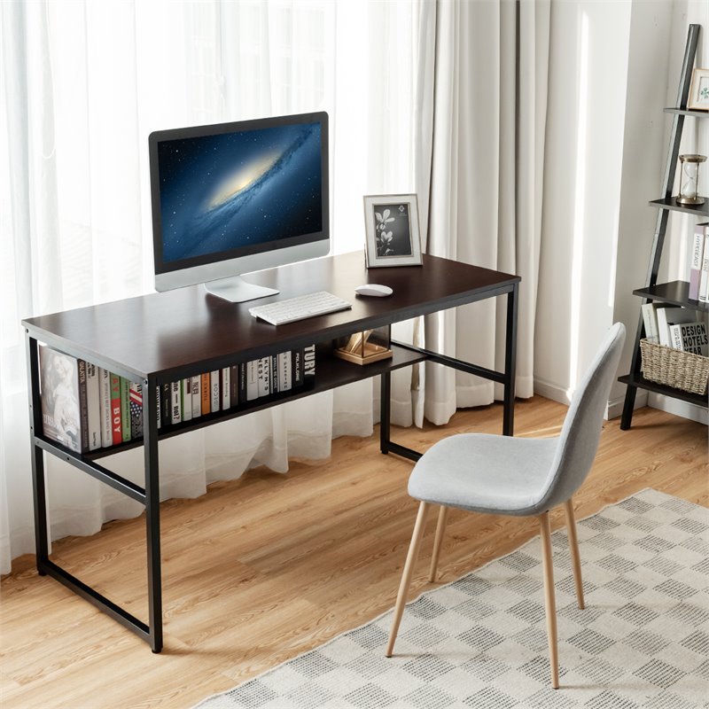 Costway 55'' Engineered Wood Computer Desk with Storage Shelf in Coffee