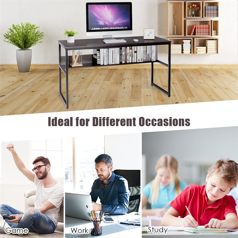 Costway 55'' Engineered Wood Computer Desk with Storage Shelf in Coffee